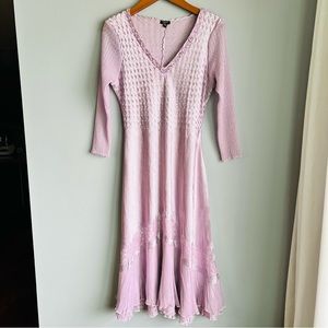 Komarov XL mauve long sleeve bedazzled v neck satin and chiffon hem midi dress